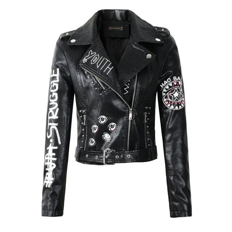 2019 New Women Autumn Winter Faux Soft Leather Jackets Coats Lady Black PU Rivet Zipper Epaulet 3D print Motorcycle Streetwear