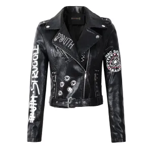 2019 New Women Autumn Winter Faux Soft Leather Jackets Coats Lady Black PU Rivet Zipper Epaulet 3D print Motorcycle Streetwear