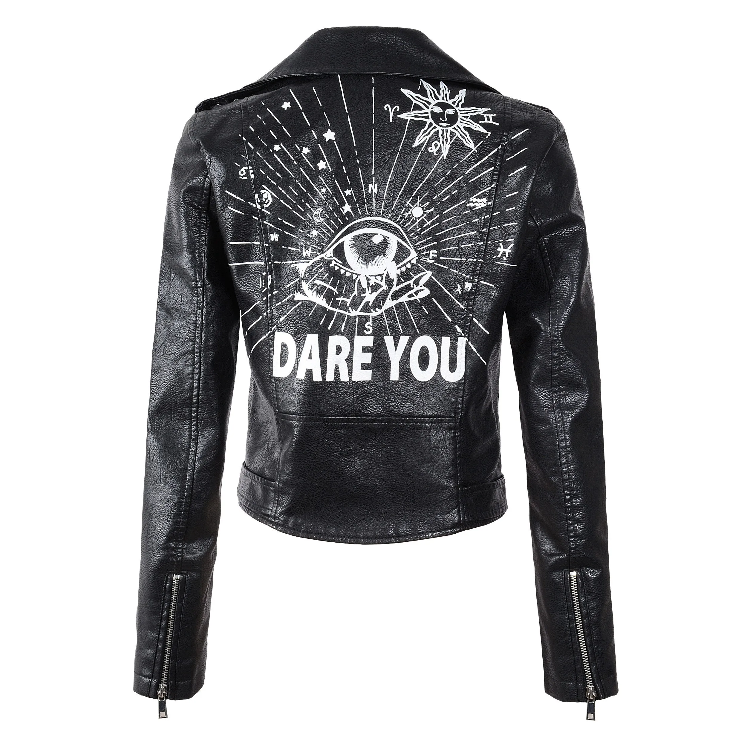 2019 New Women Autumn Winter Faux Soft Leather Jackets Coats Lady Black PU Rivet Zipper Epaulet 3D print Motorcycle Streetwear