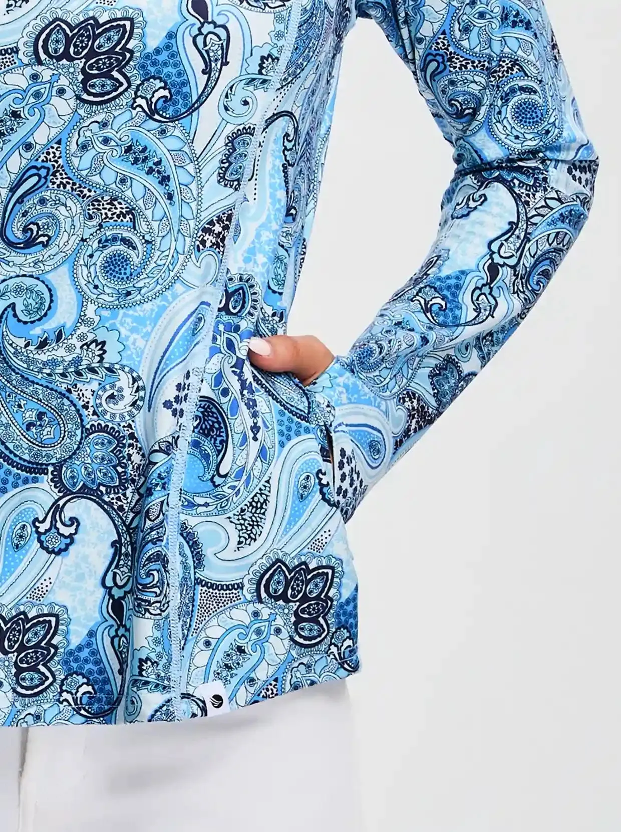 Blue Paisley Quarter-zip Long-sleeve Fleece Tops for Women