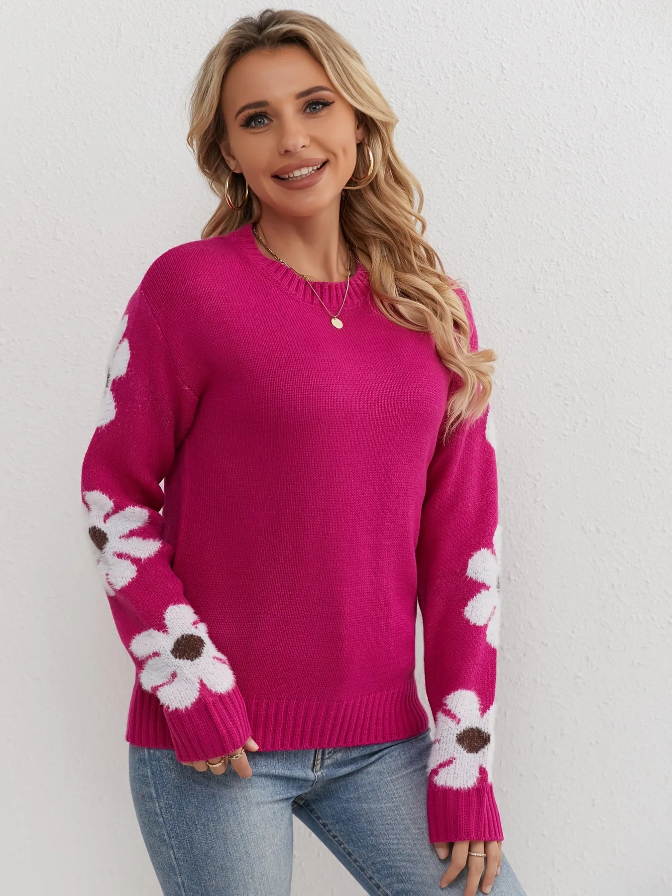 CATRIONA™ - ROUND NECK FLORAL KNITTED SWEATER
