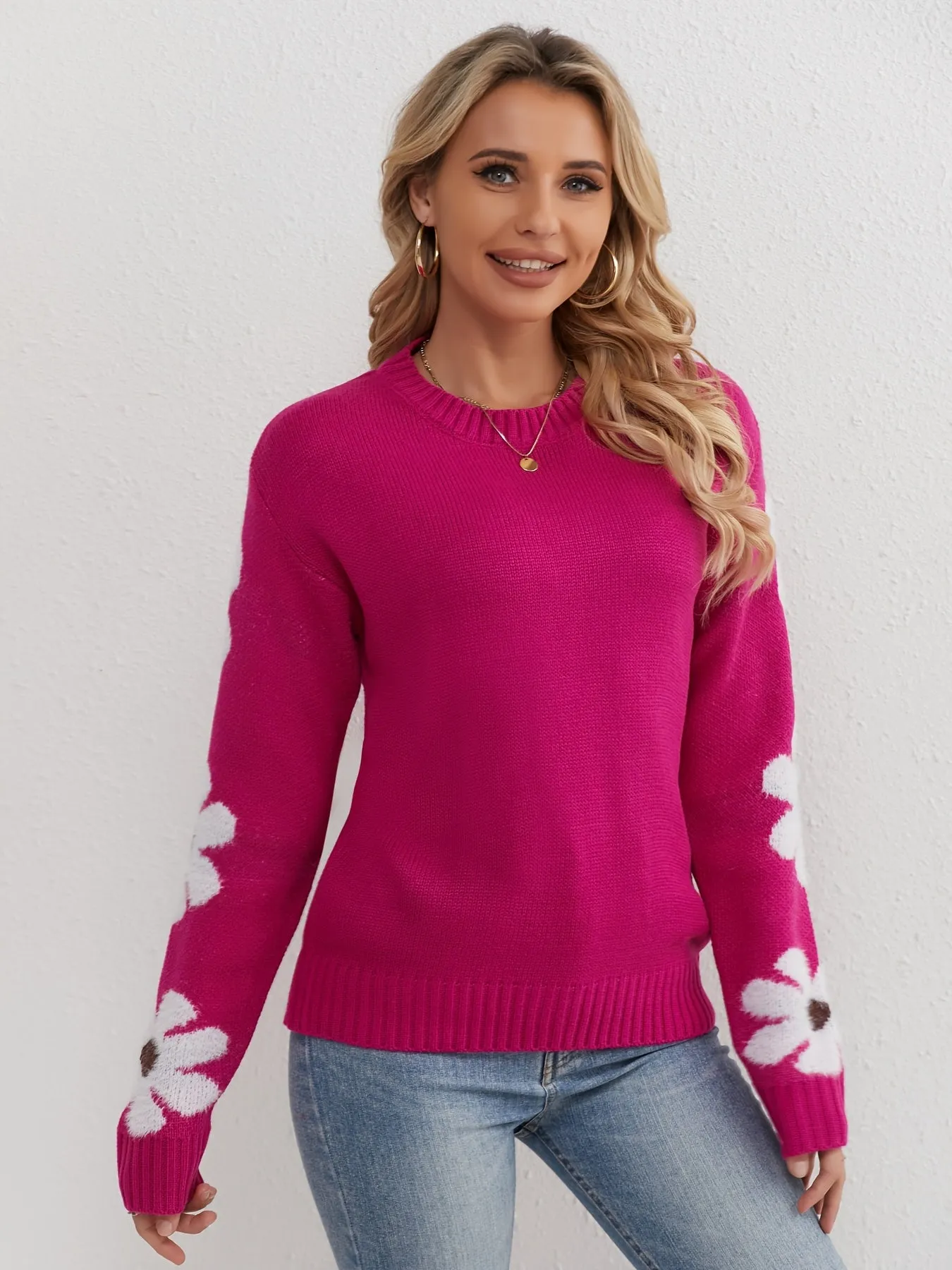 CATRIONA™ - ROUND NECK FLORAL KNITTED SWEATER
