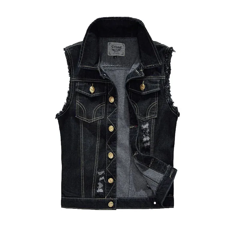 FALIZA New Men's Denim Vest - Ripped Sleeveless Jeans Jacket