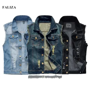 FALIZA New Men's Denim Vest - Ripped Sleeveless Jeans Jacket