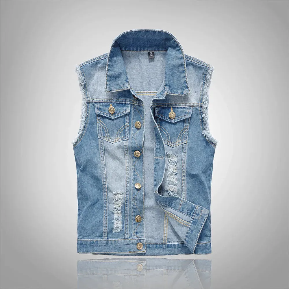 FALIZA New Men's Denim Vest - Ripped Sleeveless Jeans Jacket