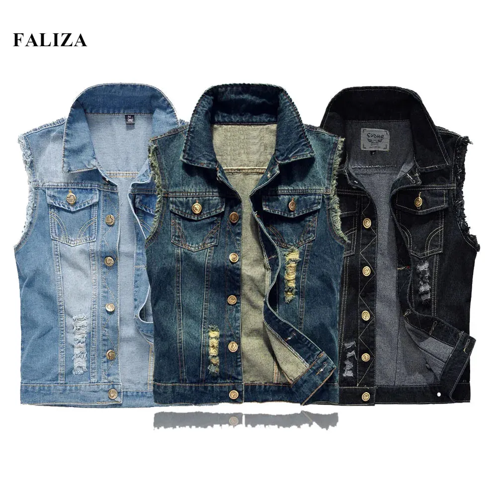 FALIZA New Men's Denim Vest - Ripped Sleeveless Jeans Jacket