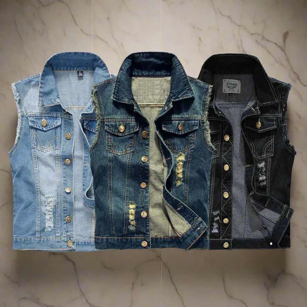 FALIZA New Men's Denim Vest - Ripped Sleeveless Jeans Jacket