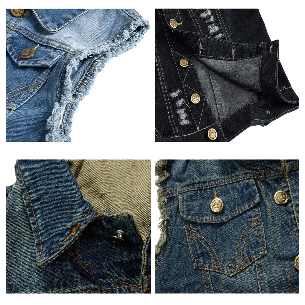 FALIZA New Men's Denim Vest - Ripped Sleeveless Jeans Jacket
