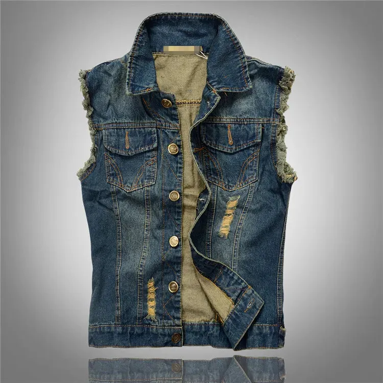 FALIZA New Men's Denim Vest - Ripped Sleeveless Jeans Jacket