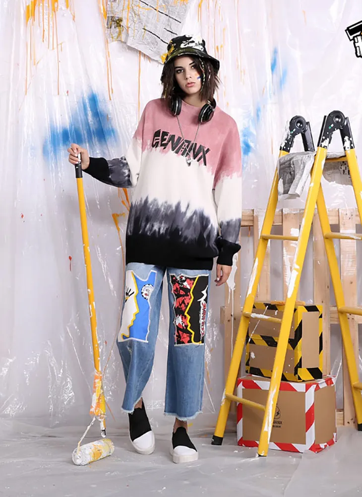 Gradient Tie Dye Print Crew Neck Sweater