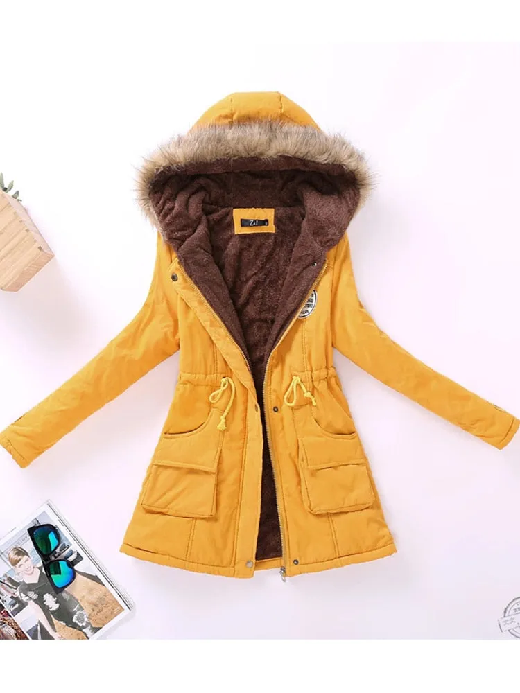 Women's Cotton Wadded Military Style Coat Hooded Fur Jacket