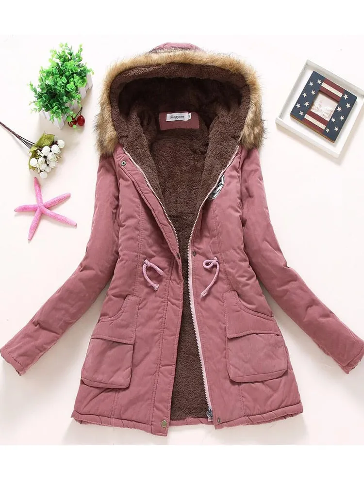 Women's Cotton Wadded Military Style Coat Hooded Fur Jacket