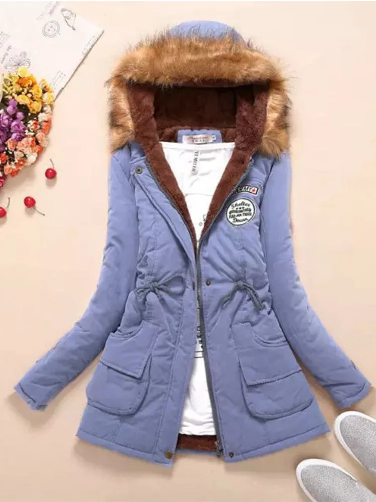 Women's Cotton Wadded Military Style Coat Hooded Fur Jacket
