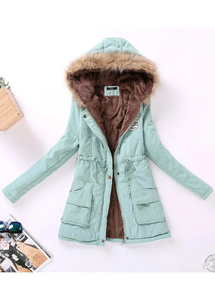Women's Cotton Wadded Military Style Coat Hooded Fur Jacket