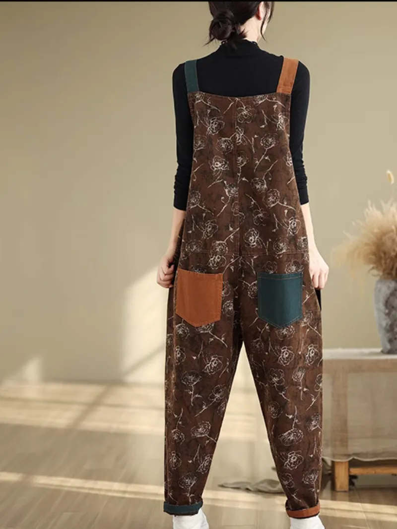 Women's Relaxed Printed with Stylish Pockets Overalls Dungarees