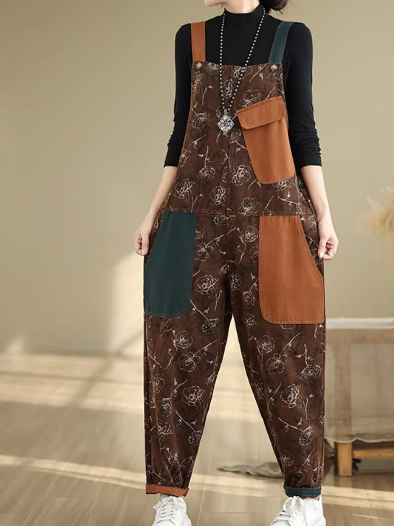 Women's Relaxed Printed with Stylish Pockets Overalls Dungarees